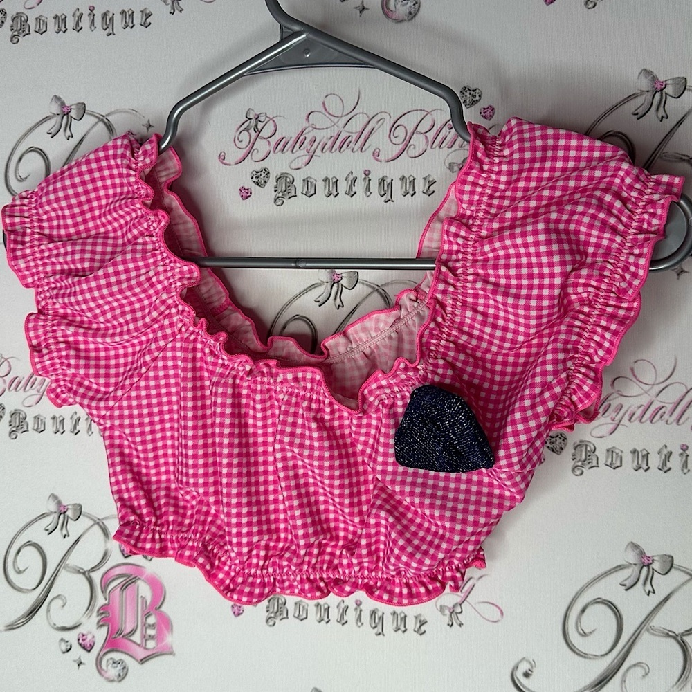Tank crop milkmaid style bathing suit material pink Gingham Babydoll Top Bow